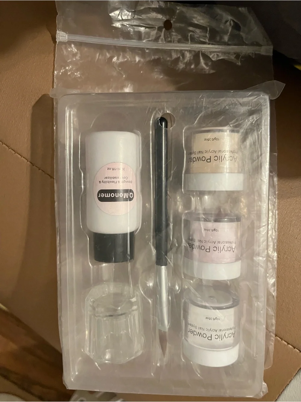 Acrylic Nail Powder Kit with Monomer & Brush - Pink, White, Beige